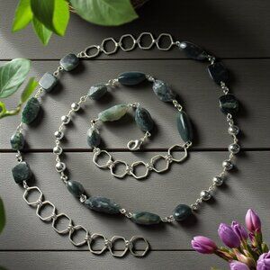Moss Agate and Green Jasper Double Wrap Necklace, Silver Chain